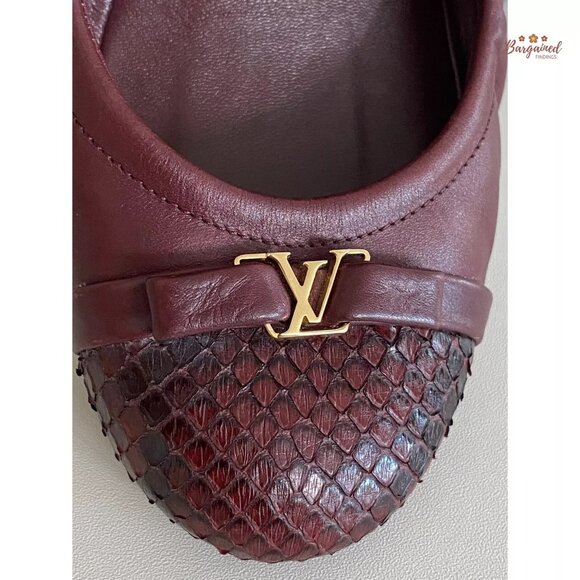 Authentic Louis Vuitton Maroon Leather Reptile Toe Bow Scrunch Ballet Flats 6.5 - Picture 2 of 10